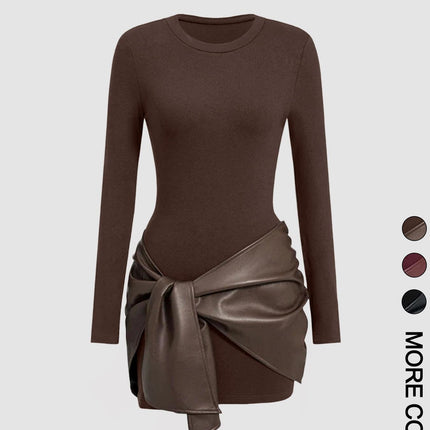 2025 European and American Amazon Women's Pure Color Long-Sleeved Mini Dress + Front Lace-Up Pu Decoration