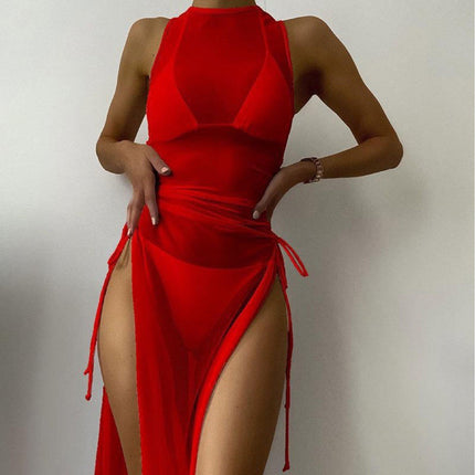 Amazon's New European and American Solid Color Bikini Cover-Up Beach Skirt Three-Piece Swimsuit Women's High-End Hot Spring Swimsuit