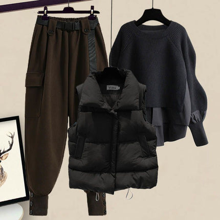 plus size women's autumn and winter suit women's 2024 new style cotton vest top women's slim work pants three-piece set