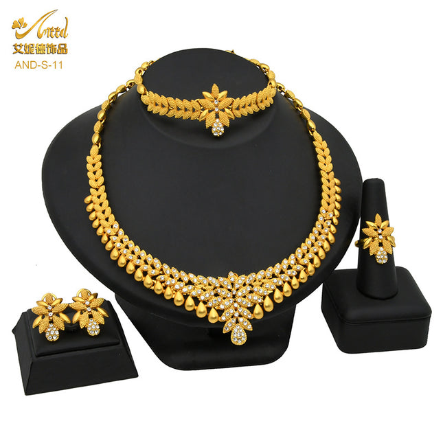 24K Gold Dubai Explosions Bride Four-piece Flower Rhinestone Jewelry Alloy Necklace Bracelet Earrings Ring