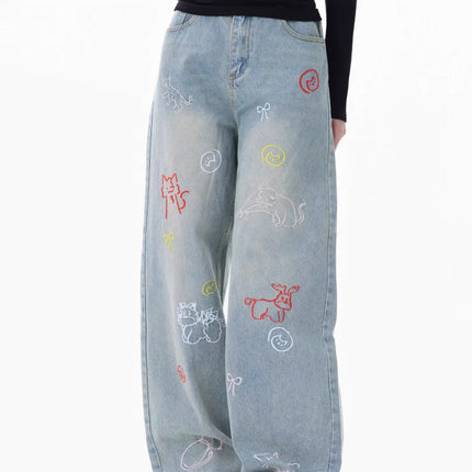 Embroidered Retro Wide-Leg Straight Fun Cartoon American Style 2025 New Jeans Pants Summer Loose Floor-Length Pants