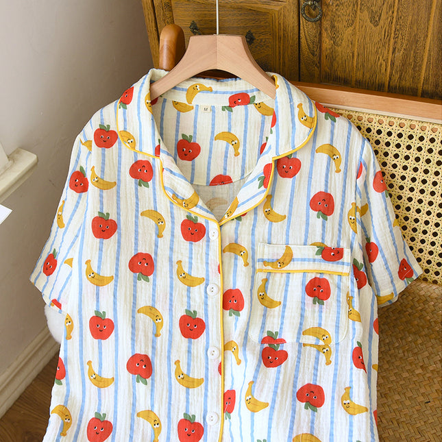 Summer Pure Cotton Crepe Lapel Short-Sleeved Shorts Pajamas Two-Piece Set for Women Apple Banana Loose Thin Home Clothes