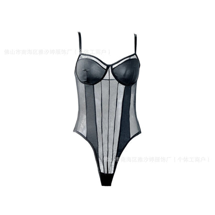 Cross-border suspender jumpsuit mesh thin inner jumpsuit European and American stretch slim-fit hot girl sexy design