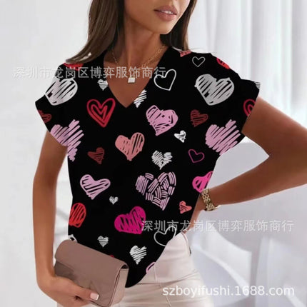 2023 New Hot Independent Station Loose V-neck Love Printed Short Sleeve T-Shirt for Women