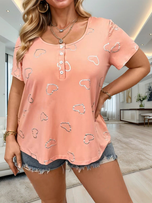 Europe and the United States cross-border 2025TEMUwish foreign trade women's round neck button love printing women's short sleeve loose T-shirt