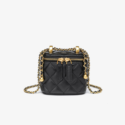 Spring and Summer Chanel Style Gold Ball Diamond Plaid Chain Bag Genuine Leather Women's Bag 2024 New Mini Lipstick Box Bag Crossbody Bag
