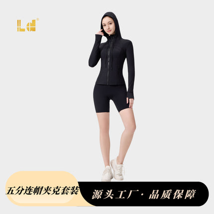 [in Stock] Ld Five-Piece Hooded Yoga Suit for Women, Fitness Yoga Set, High-Waisted, Barely-There Feel, Tight-Fitting Sportswear