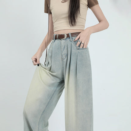 Dark Blue Wide-Leg Jeans for Women 2023 Summer New High-Waisted Straight-Leg Loose Draped Pleated Floor-Length Pants for Tall People