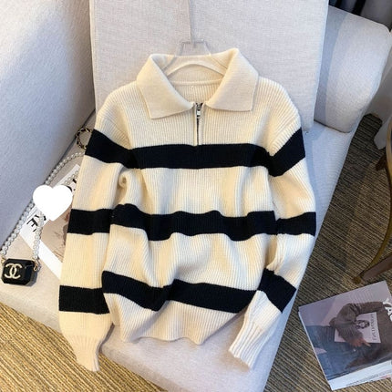 Mall Withdraws 2025 Spring and Autumn Korean Version Polo Collar Striped Sweater for Women, Loose Retro Knitwear Trend