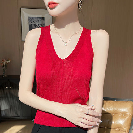 Spring and Summer New V Neck Camisole Women's Knitwear for Inner Wear, Fashionable and Versatile Sleeveless Loose Slimming Look Bottoming