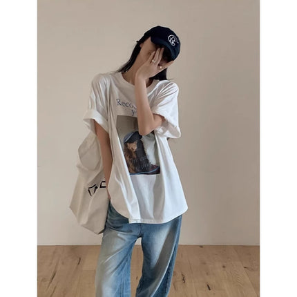 2025 Summer New Cotton Short-sleeved T-shirt Women's Half-sleeved Loose Casual All-match Round Neck Korean Printed Custom-made Women