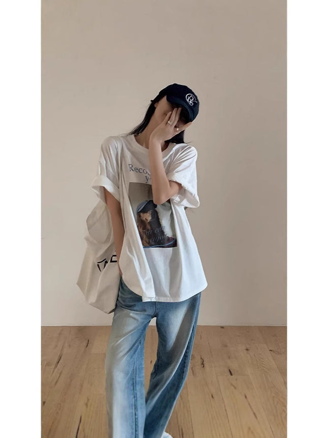 2025 Summer New Cotton Short-sleeved T-shirt Women's Half-sleeved Loose Casual All-match Round Neck Korean Printed Custom-made Women