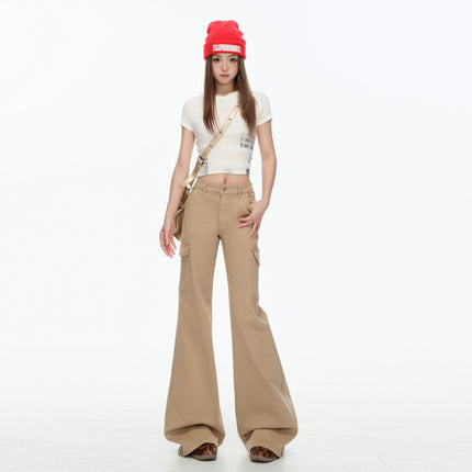 Raccoon House # Khaki New Stretch Work Jeans for Women, Low-Waisted, Leg-Free, Versatile, Slimming, Micro-Flared Pants for Women