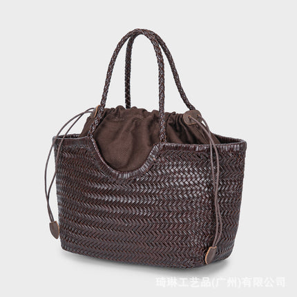 Dragon Same Style French Style Woven Vegetable Basket Bag Women's Genuine Leather Shoulder Bag Vintage Handmade Bag Ins Style