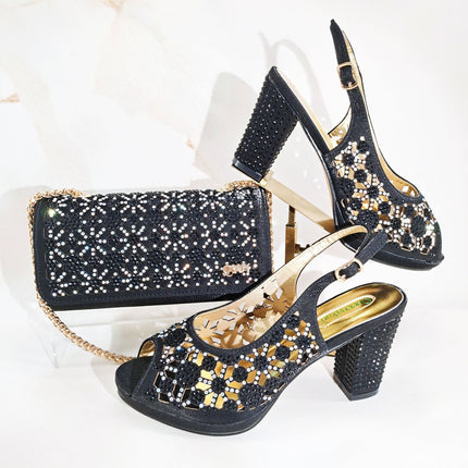 Queenyan Export Open-Toe Women's Shoes and Bags Set, Cut Out Design, Exquisite Hot Diamonds, Elegant Banquet Style