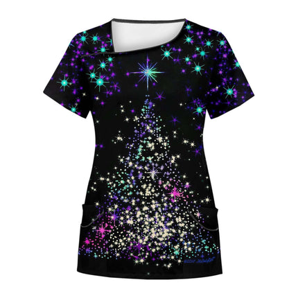 Cross-Border Aliexpress Amazon Women's Short-Sleeved Christmas Positioning Printed Flap Pocket Pants Top Scrub Clothes T-Shirt