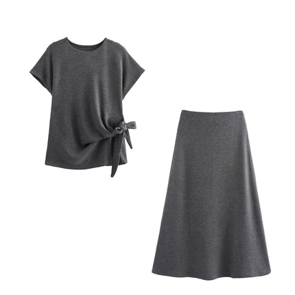 Foreign trade autumn and winter new European and American style knot decoration soft short sleeve top 0858673 Midi skirt 0858674
