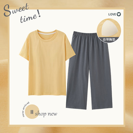 Summer Women's Pet Skin-feeling Cool Cotton Morandi Color-based Home Clothes Girl's Short-sleeved Cropped Pants Pajamas with Chest Pad