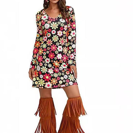 2026 Amazon Halloween Cross-Border Women's Clothing 1970S 1980S Hippie Clothing Printed Dress