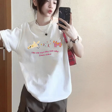Summer Pure Cotton Short-Sleeved T-Shirt for Women 2026 with Kitten Print Design, Niche American High Street Style, Loose Half-Sleeve Top