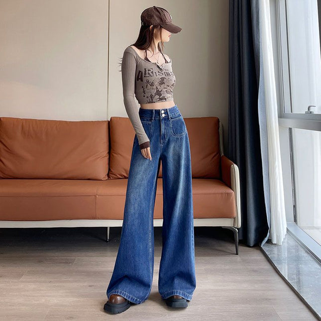 Maillard Stretch Loose Mop Pants Pocket Design 2025 Comfortable Wide Leg Jeans Two Buckle Spring