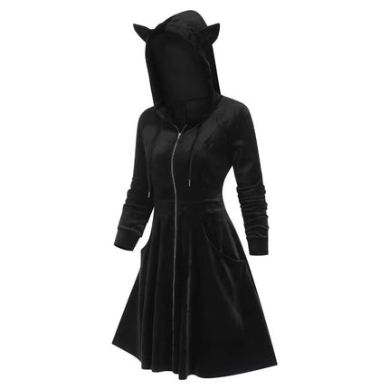 European and American Stitching Women's Gothic-style Hooded Long-sleeved Golden Velvet Cat Ear Slim-fit dress Dress plus size Women's Dress