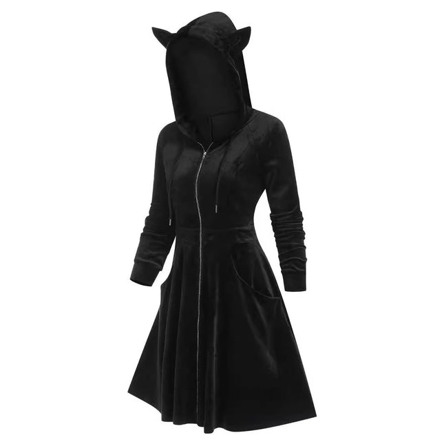 European and American Stitching Women's Gothic-style Hooded Long-sleeved Golden Velvet Cat Ear Slim-fit dress Dress plus size Women's Dress