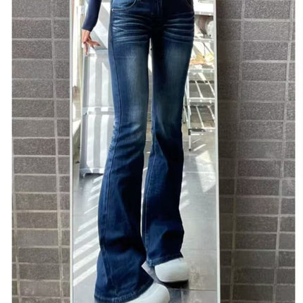 Extended American Retro Cat Print Low-Waist Hot Girl Flared Jeans for Women, Autumn Stretchy Slim-Fit Floor-Length Pants