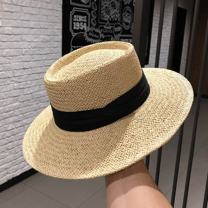 [Great Value] French Style Socialite Flat Top Hat 2025 New Summer Elegant Pearl String Sunshade Woven Straw Hat
