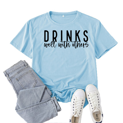 Amazon Supply Drinks Well with Others Printed Short-Sleeved Women's Casual Summer Casual