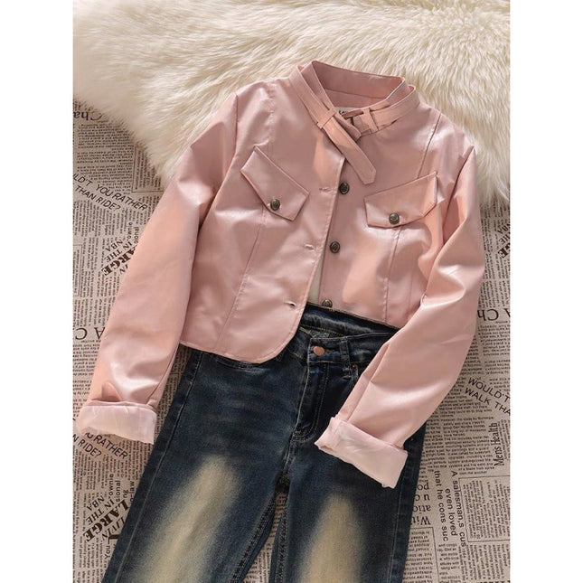 Hong Kong Style Retro suit American Style Design Short Pink Motorcycle Leather Jacket Women's Three-Piece Jeans Set