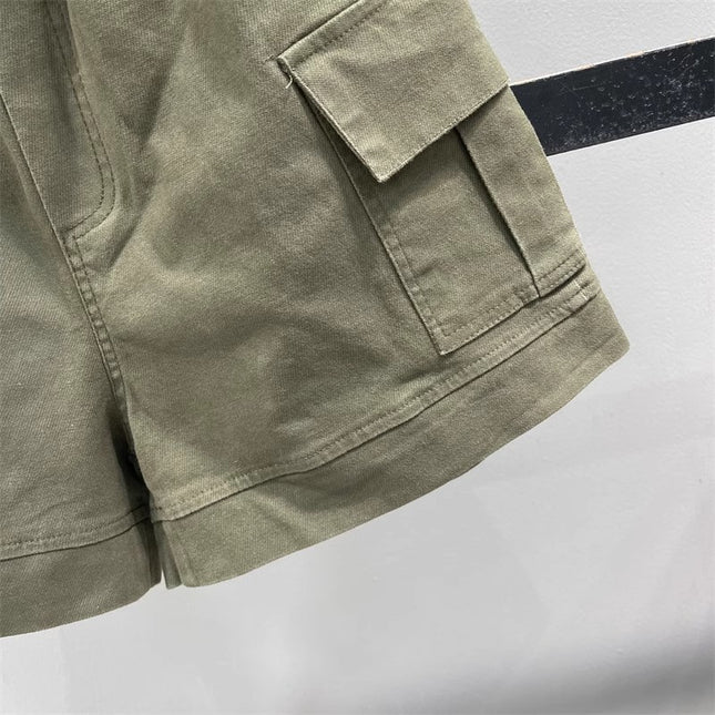 American-Style Military Green Pocket Cargo Denim Shorts for Women, 2025 New Summer High-Waisted Loose A-Line Wide-Leg Hot Pants