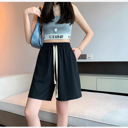 Black Sports Shorts for Women, Summer Thin High-Waisted Casual Straight Mid-Length Loose Wide-Leg Cool Five-Point Pants