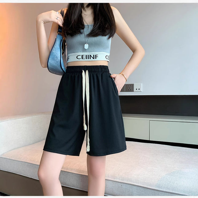 Black Sports Shorts for Women, Summer Thin High-Waisted Casual Straight Mid-Length Loose Wide-Leg Cool Five-Point Pants