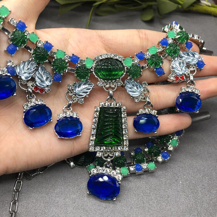 Western mid-ancient heavy industry blue rhinestone gem chain necklace earrings suit high-end exaggerated high-grade clavicle chain