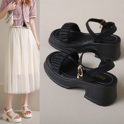 2025 New Summer High-Heeled Thick-Soled Internet Celebrity Hot Style French Fairy Style Roman with Skirt Thick-Heeled Sandals for Women