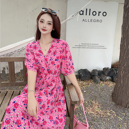 Cotton floral dress 2024 new thin waist pure wind Amazon artificial cotton beach dress fairy dress
