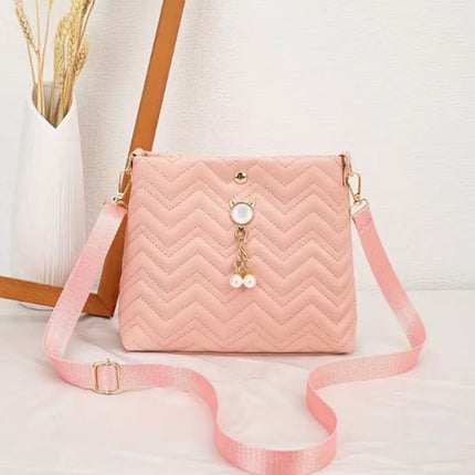 Korean Fashion Wave Stripe Quilted Cat Pearl Pendant Decorative Simple Ladies Crossbody Bag Cross-border Wholesale Bag