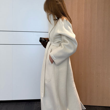 New Stand Collar Elegant Commuter Style Double-Sided Wool Coat for Women, Alpaca Wool, Extended Loose Version, Thickened Woolen Jacket
