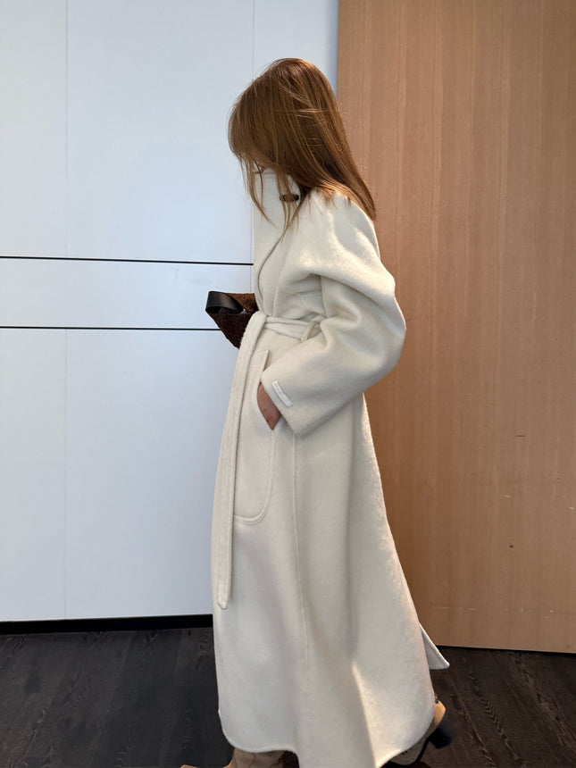 New Stand Collar Elegant Commuter Style Double-Sided Wool Coat for Women, Alpaca Wool, Extended Loose Version, Thickened Woolen Jacket