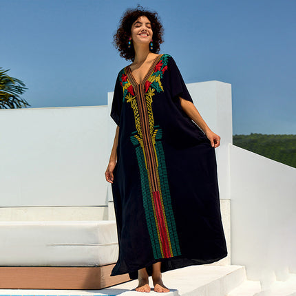 New Cross-Border European and American Style Loose Embroidered Long Dress for Women, Embroidered Beach Cover-Up, Long Robe, Bikini Cover-Up