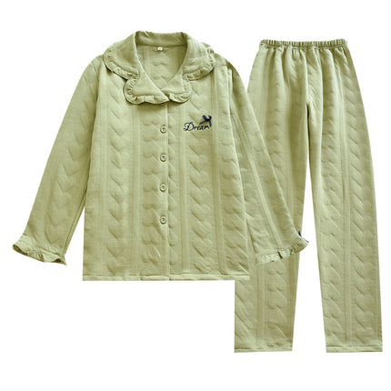 Autumn and Winter New Quilted Pajamas Medium Thick Heart Air Layer Women's Home Clothes Solid Color Casual Long Sleeve Trousers
