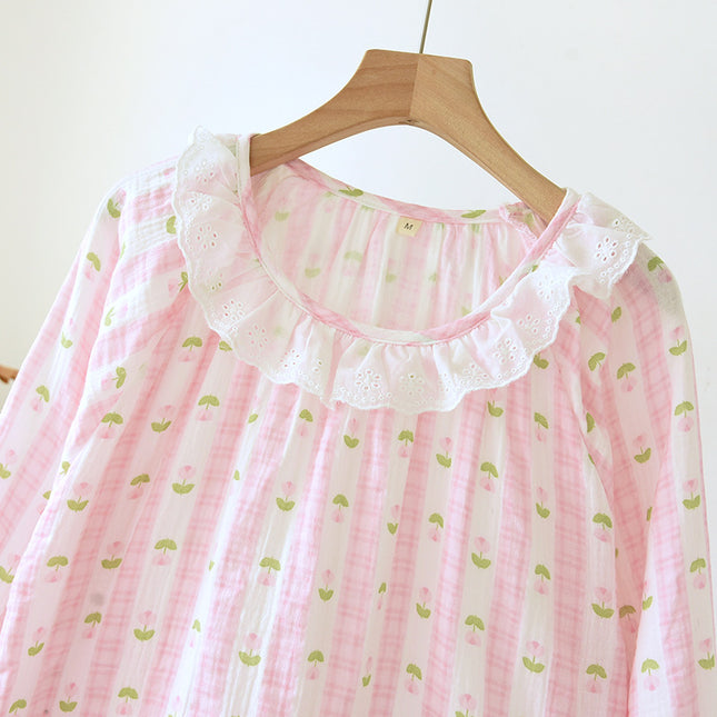 Women's Cotton Crepe Long Sleeve Lace Crewneck Nightdress Spring and Autumn Princess Style Seersucker Pajamas Outer Wear Home Dress