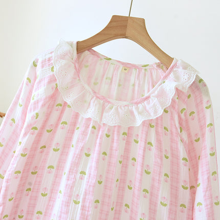 Women's Cotton Crepe Long Sleeve Lace Crewneck Nightdress Spring and Autumn Princess Style Seersucker Pajamas Outer Wear Home Dress