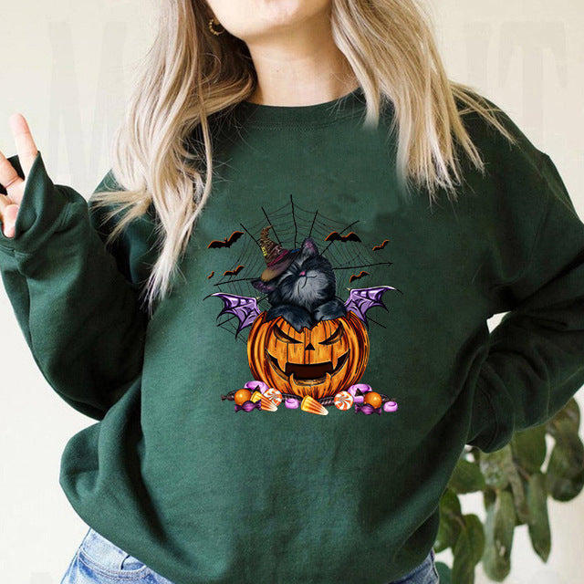 Cross-Border European and American Style Halloween Pumpkin Cat Sweatshirt Cute Funny Pattern Loose Pullover Sweatshirt