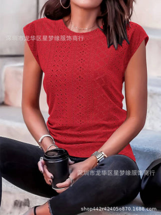 Amazon Independent Station Cross-border European and American Foreign Trade Women's Short-sleeved T-shirt US-size Needle-eye Hollow-out Crewneck Top