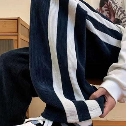 Striped corduroy pants women's fleece-lined thickened narrow wide-leg casual slimming high waist straight mop pants