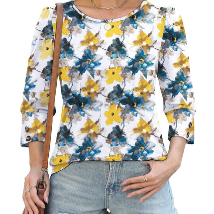 50 Colors Cross-Border European and American Amazon Spring and Summer New Printed T-Shirts with Cuff Buttons, Casual Versatile Vacation Women's Clothing