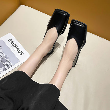 2024 Summer Daily Round Toe Spot Green Sgs Cowhide Thick Heel Pure Color Low-Top Viscose Shoes Leather Shoes