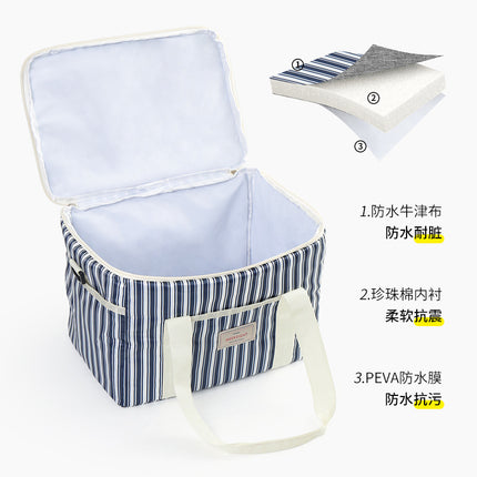 Vertical Stripesd Thermal Insulation Picnic Bag Outdoor Travel Camping Style Satchel Storage Bag Thickeneded Large Capacity Waterproof and Stain-Resistant